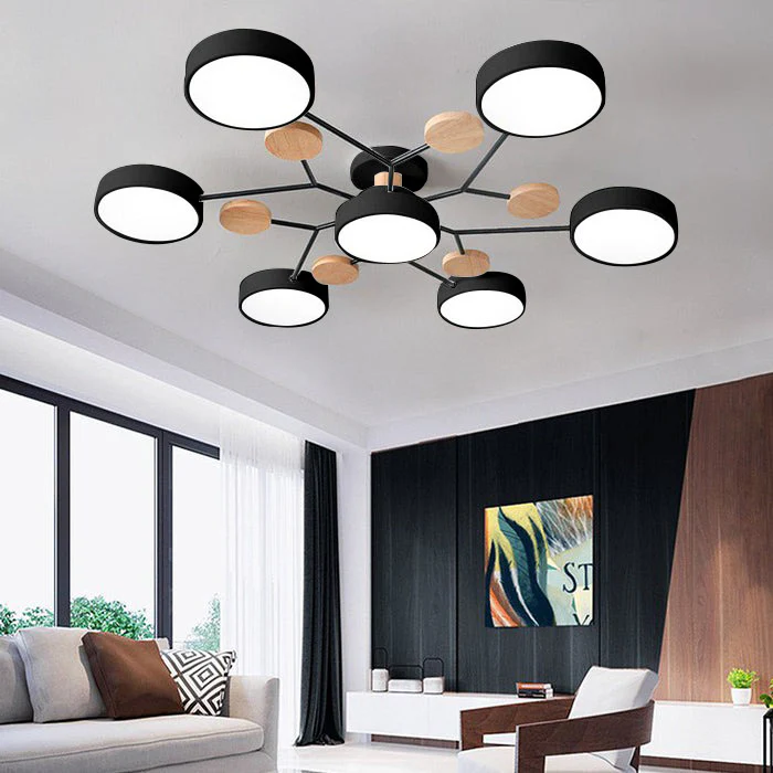 Round Iron LED Semi-Flush Ceiling Light – Chandelier with Acrylic Heads