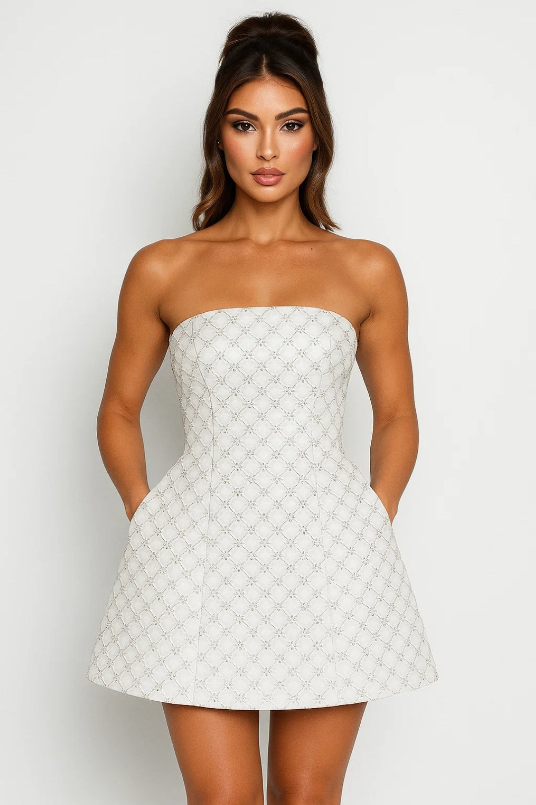 White Dress - Strapless Mini with Fitted Bodice and Flared Skirt