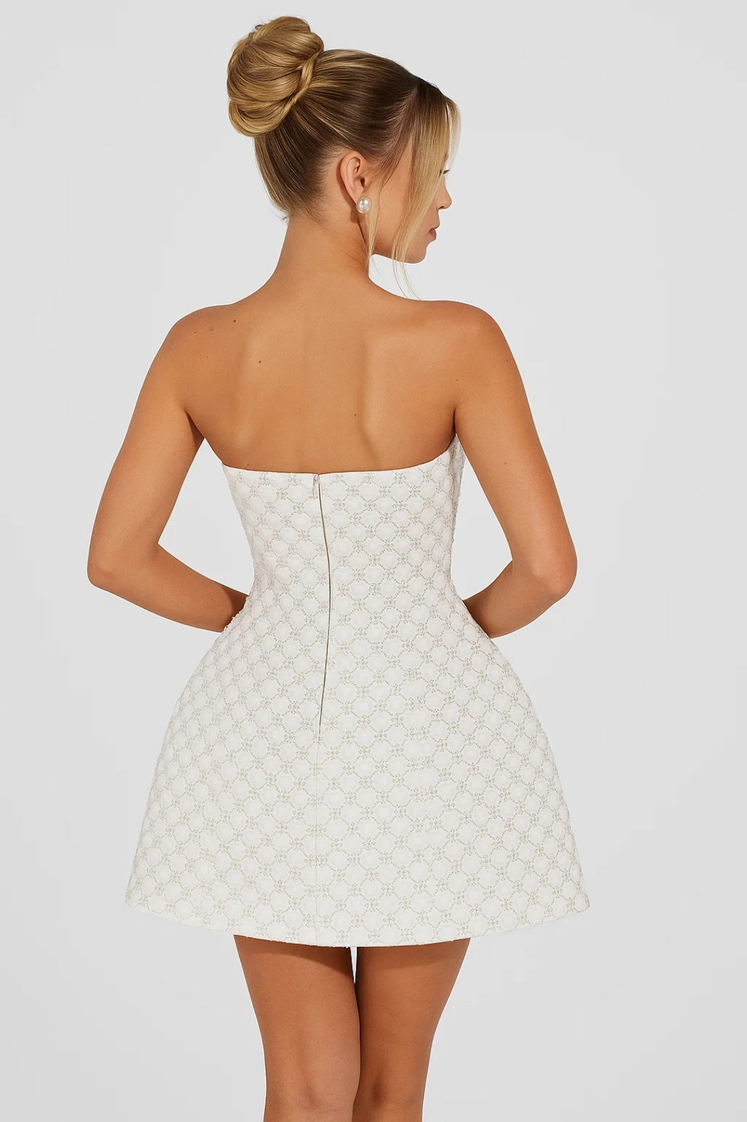 White Dress - Strapless Mini with Fitted Bodice and Flared Skirt