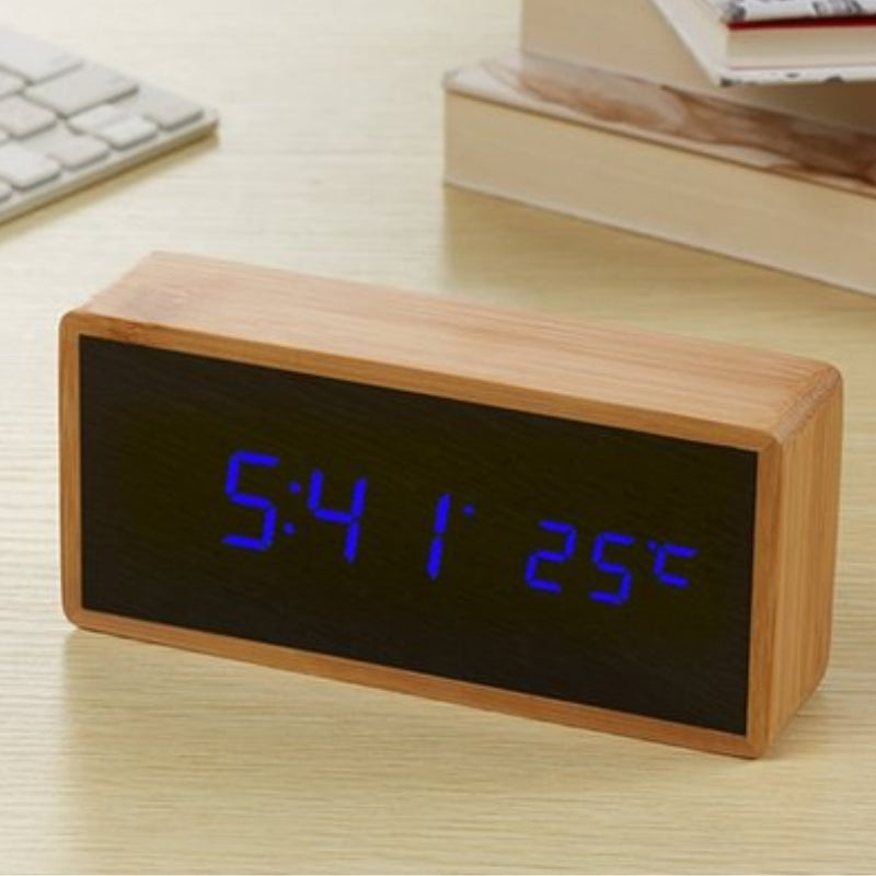 Wooden Digital Alarm Clock with LED Time and Temperature Display