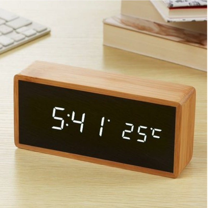 Wooden Digital Alarm Clock with LED Time and Temperature Display