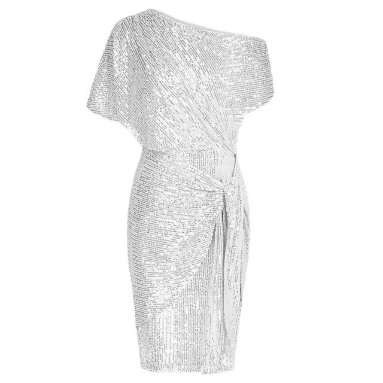 Women's Sequin Cocktail Dress – Asymmetric Off-Shoulder, Knee-Length