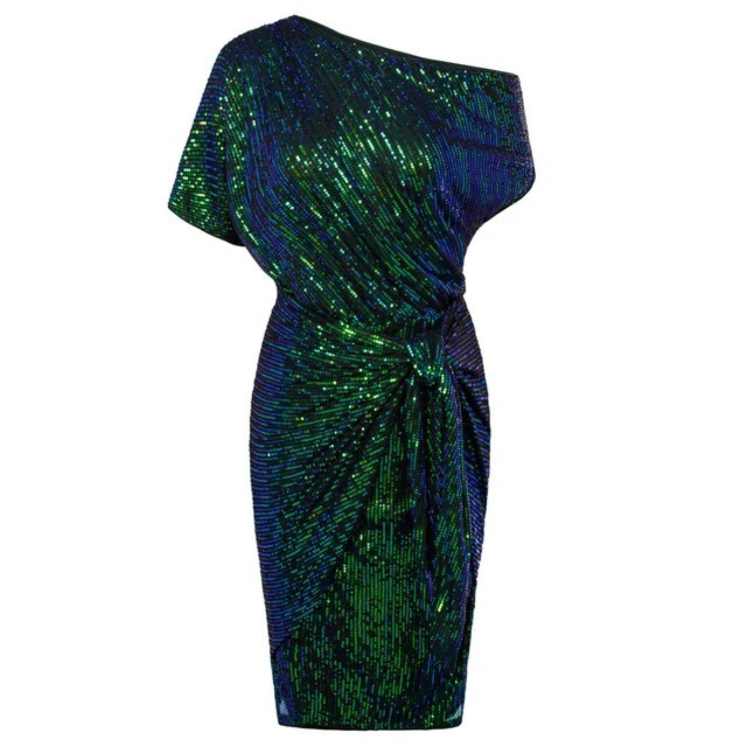 Women's Sequin Cocktail Dress – Asymmetric Off-Shoulder, Knee-Length