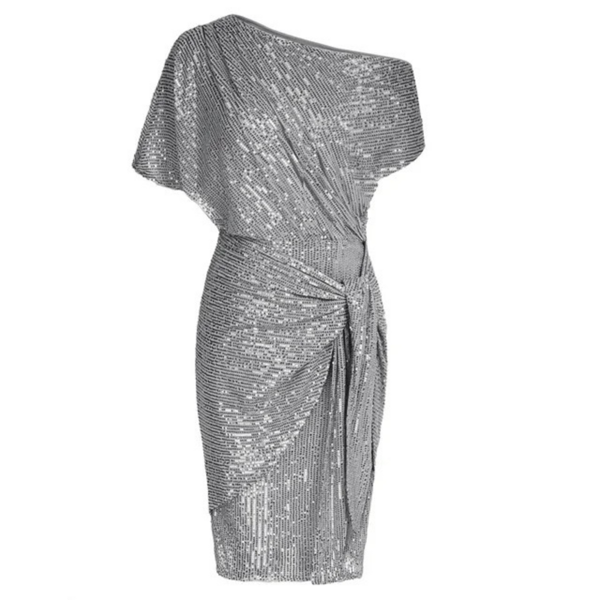 Women's Sequin Cocktail Dress – Asymmetric Off-Shoulder, Knee-Length