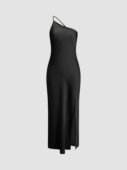 Anne | Zijdezachte One-Shoulder Slip Dress Dames – Midi Jurk met Satijnlook en Splitdetail