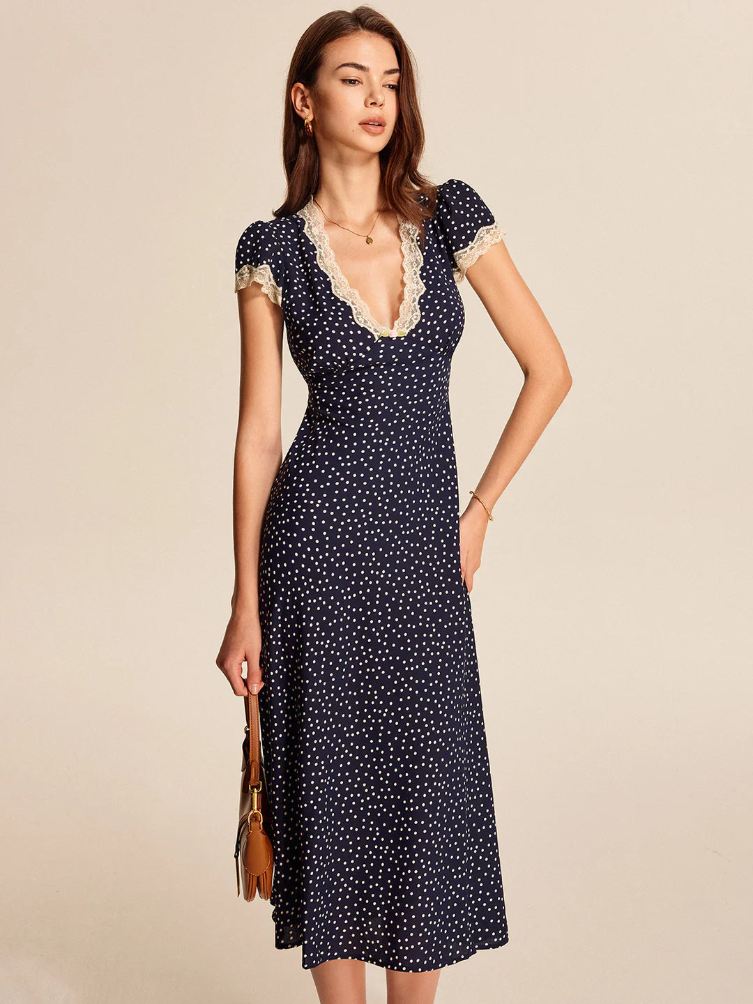 Women's Polka Dot Midi Dress with Lace-Trimmed V Neck and Cap Sleeves