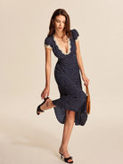 Women's Polka Dot Midi Dress with Lace-Trimmed V Neck and Cap Sleeves