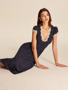 Women's Polka Dot Midi Dress with Lace-Trimmed V Neck and Cap Sleeves