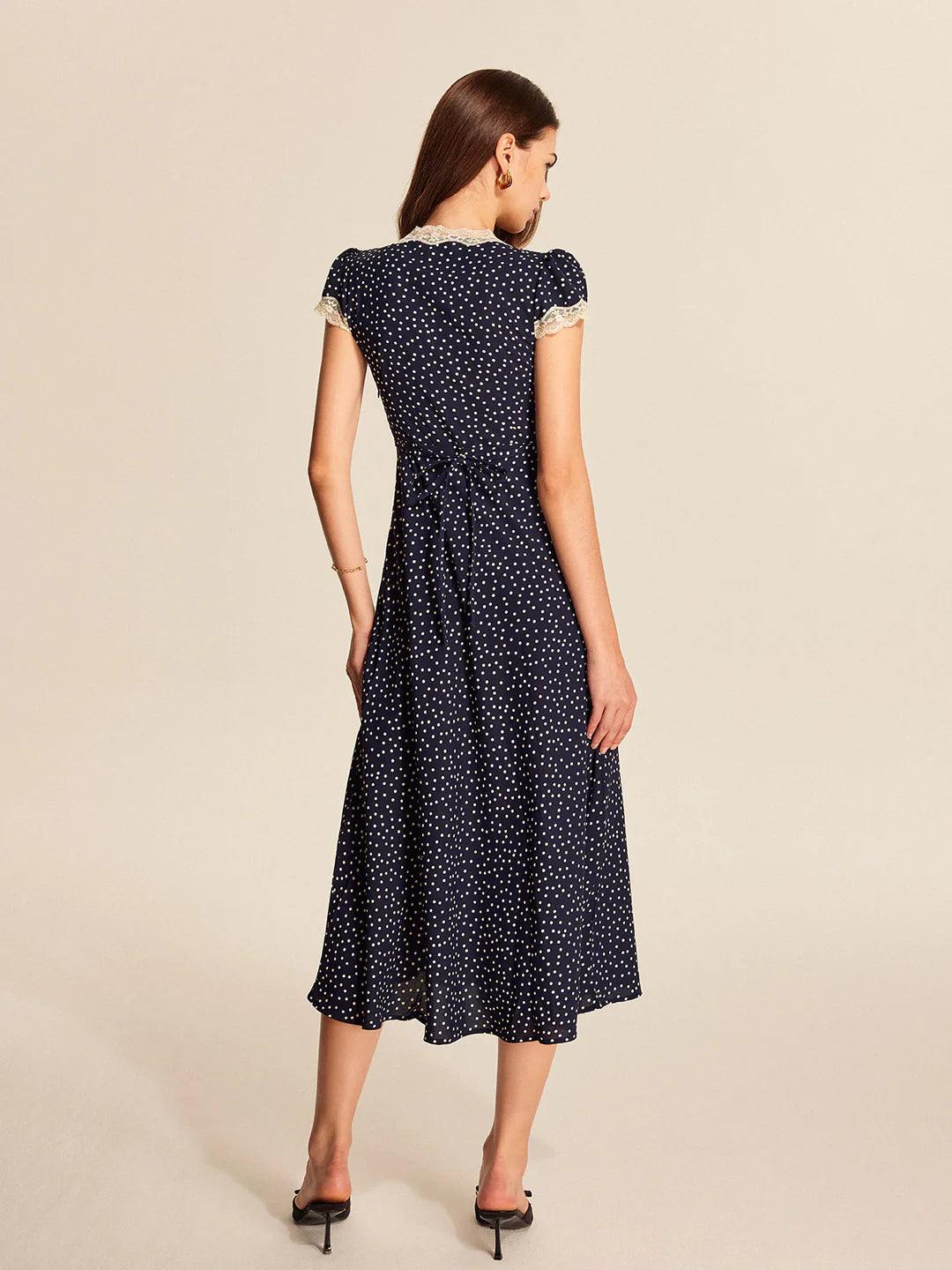 Women's Polka Dot Midi Dress with Lace-Trimmed V Neck and Cap Sleeves