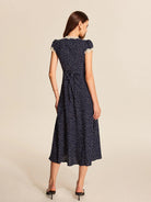 Women's Polka Dot Midi Dress with Lace-Trimmed V Neck and Cap Sleeves