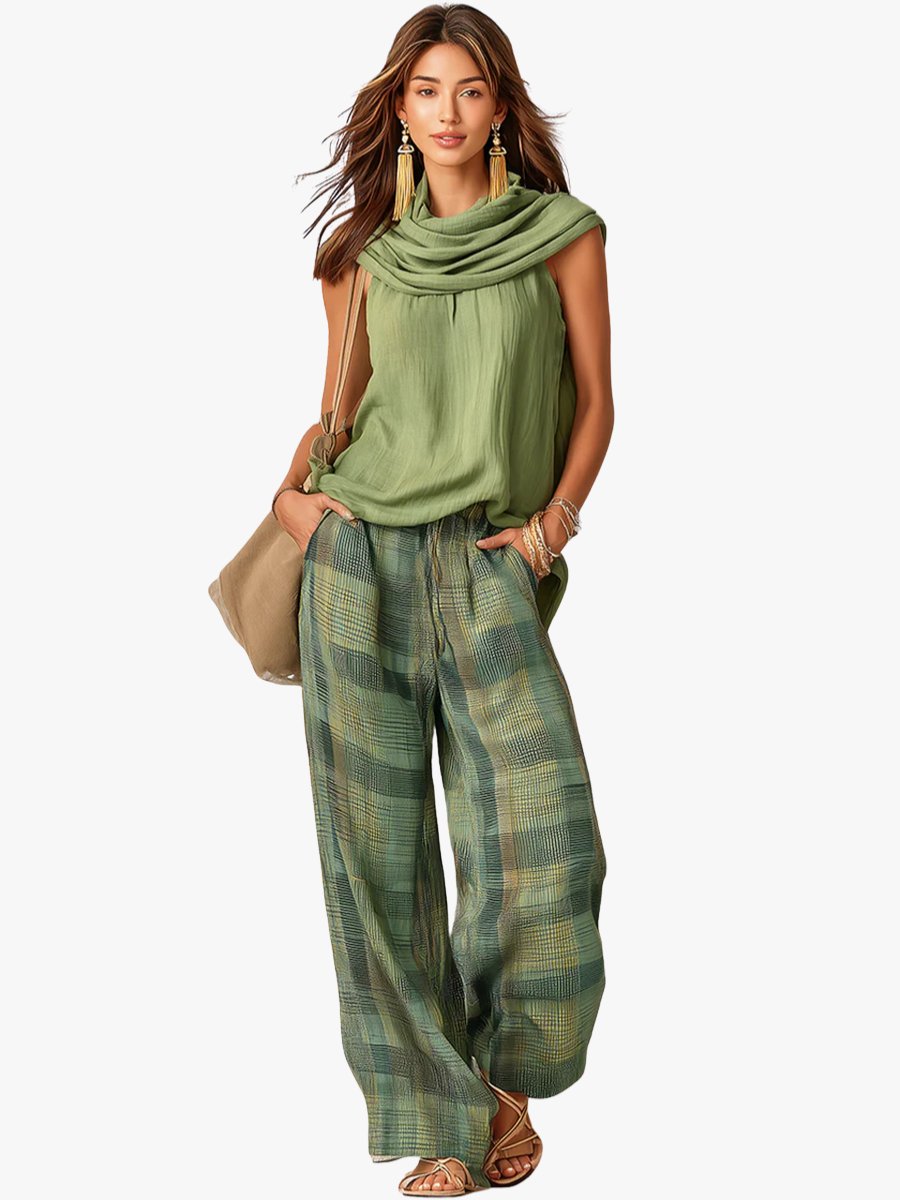 Women's Co-Ord Set - Flowy Blouse & Wide Leg Trousers in Green