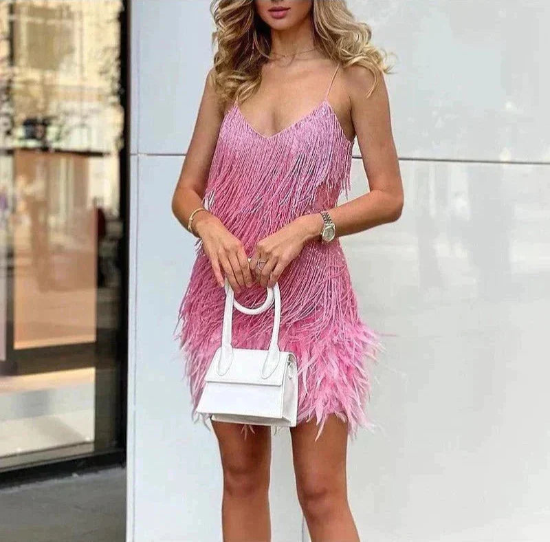 Women's Feather-Trim Mini Dress – Glamorous Evening Look
