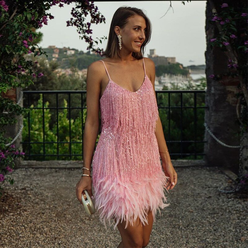 Women's Feather-Trim Mini Dress – Glamorous Evening Look
