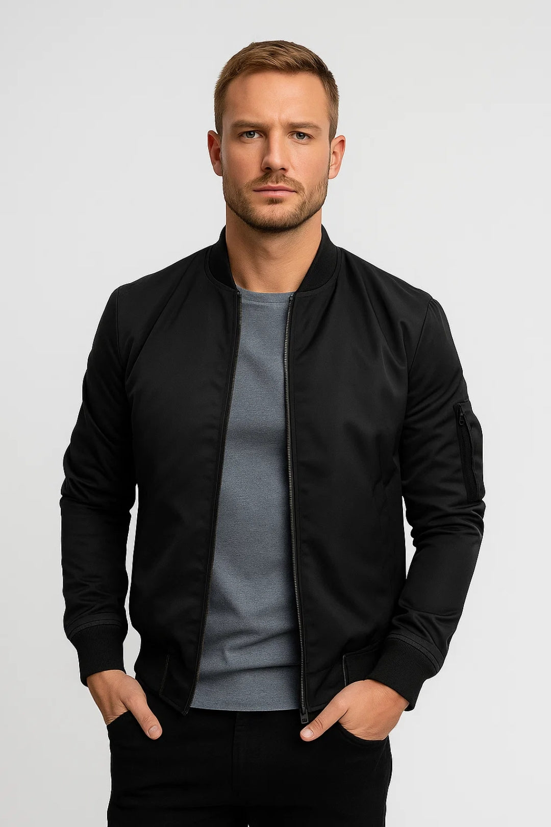 Men's Bomber Jacket - Lined All-Season Coat with Zip Sleeve Detail
