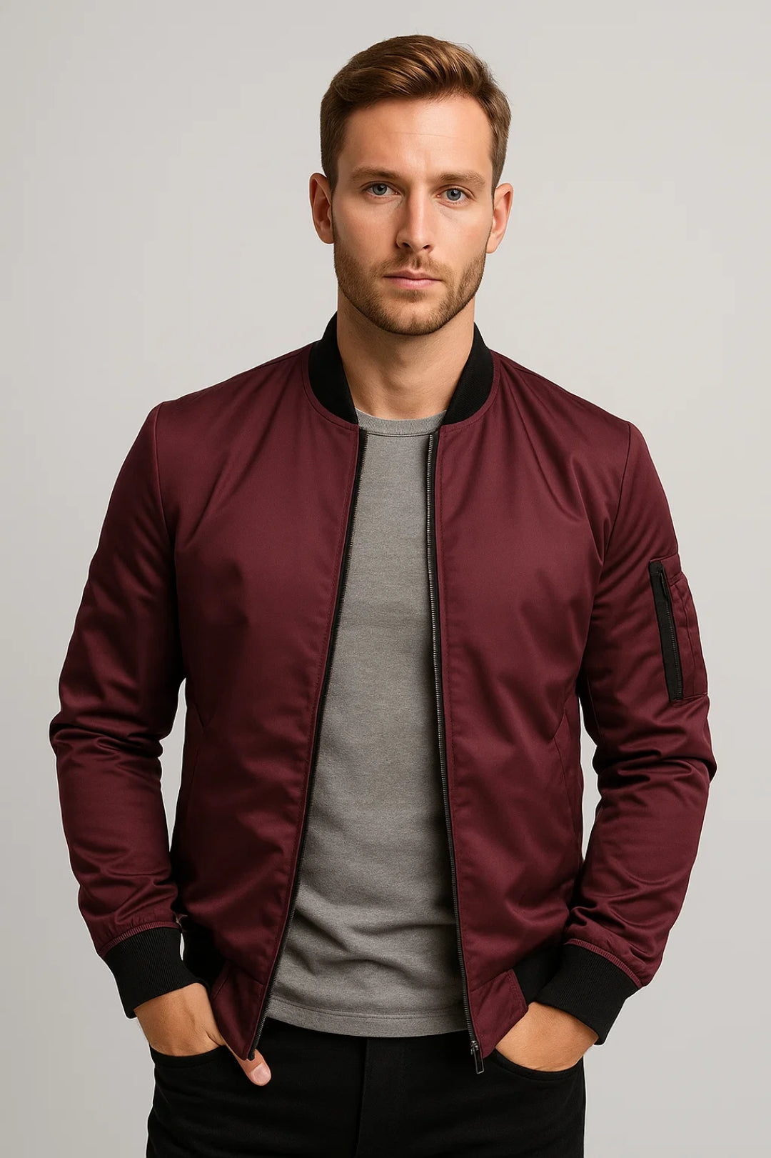 Men's Bomber Jacket - Lined All-Season Coat with Zip Sleeve Detail