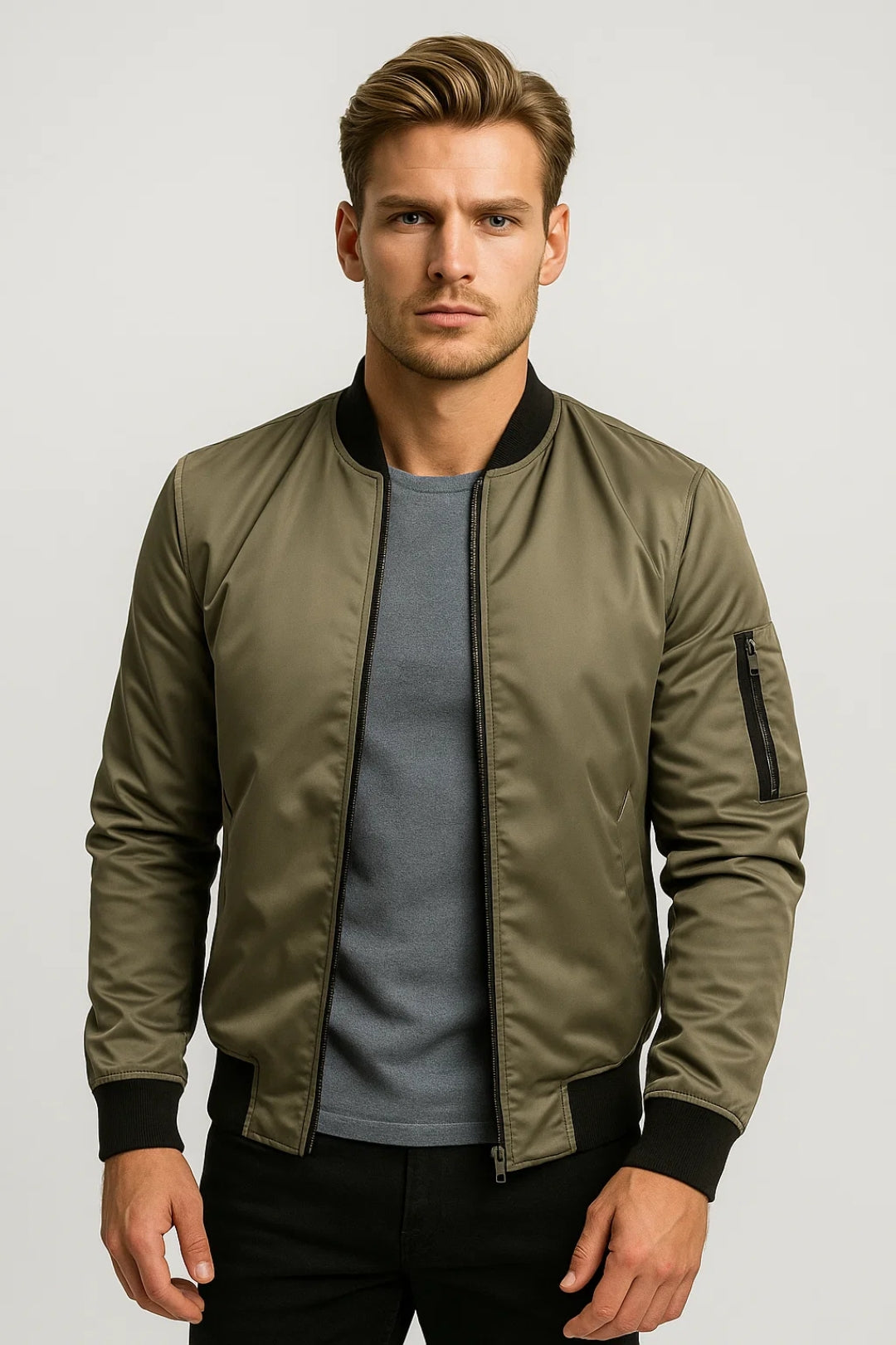 Men's Bomber Jacket - Lined All-Season Coat with Zip Sleeve Detail