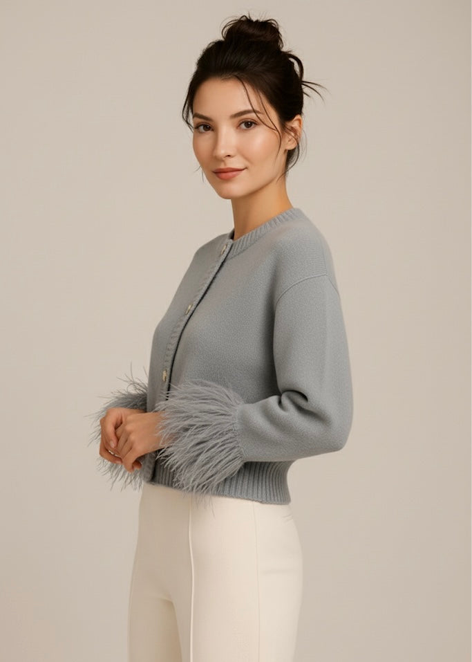 Dames Gebreide Cardigan met Pluimen – Effen, Casual Cardigan
