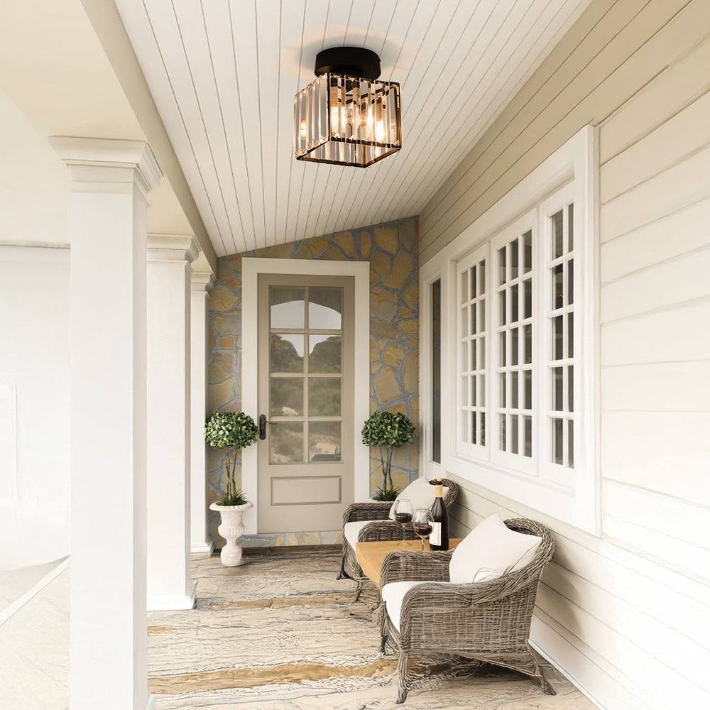 Flush Mount Ceiling Light with Crystal Shade - Black Brass Finish