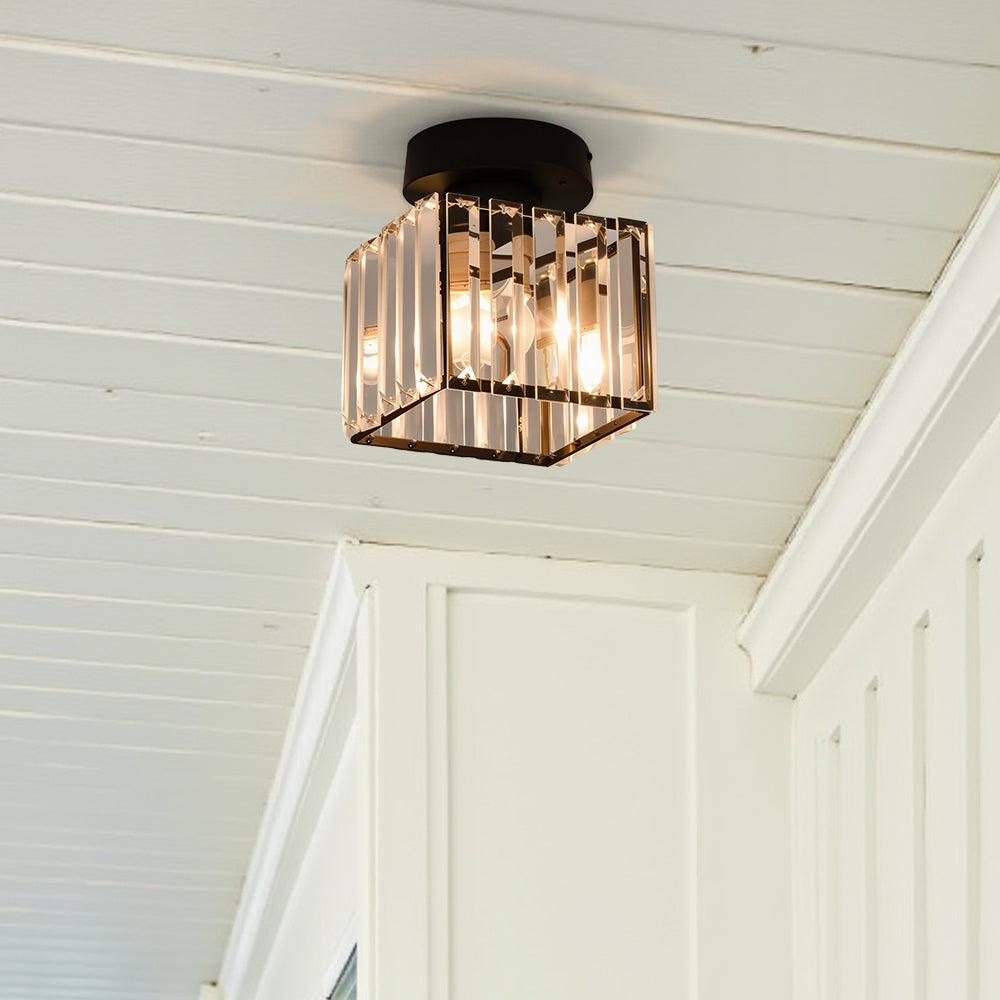 Flush Mount Ceiling Light with Crystal Shade - Black Brass Finish