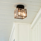 Flush Mount Ceiling Light with Crystal Shade - Black Brass Finish