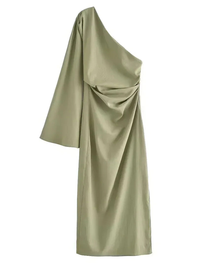 Women's One-Shoulder Maxi Dress with Long Sleeves