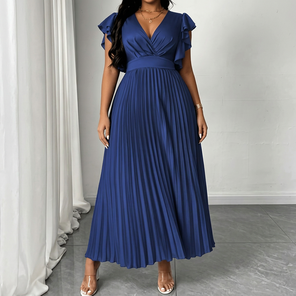 Women's Maxi Dress with Wrap Front, Pleated Skirt and Ruffle Sleeves