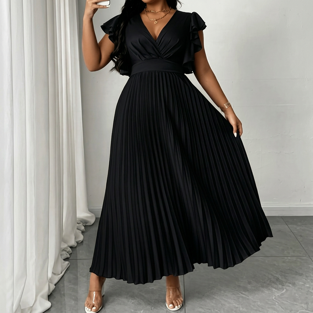 Women's Maxi Dress with Wrap Front, Pleated Skirt and Ruffle Sleeves