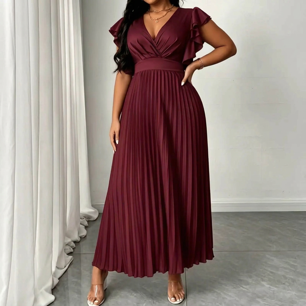 Women's Maxi Dress with Wrap Front, Pleated Skirt and Ruffle Sleeves