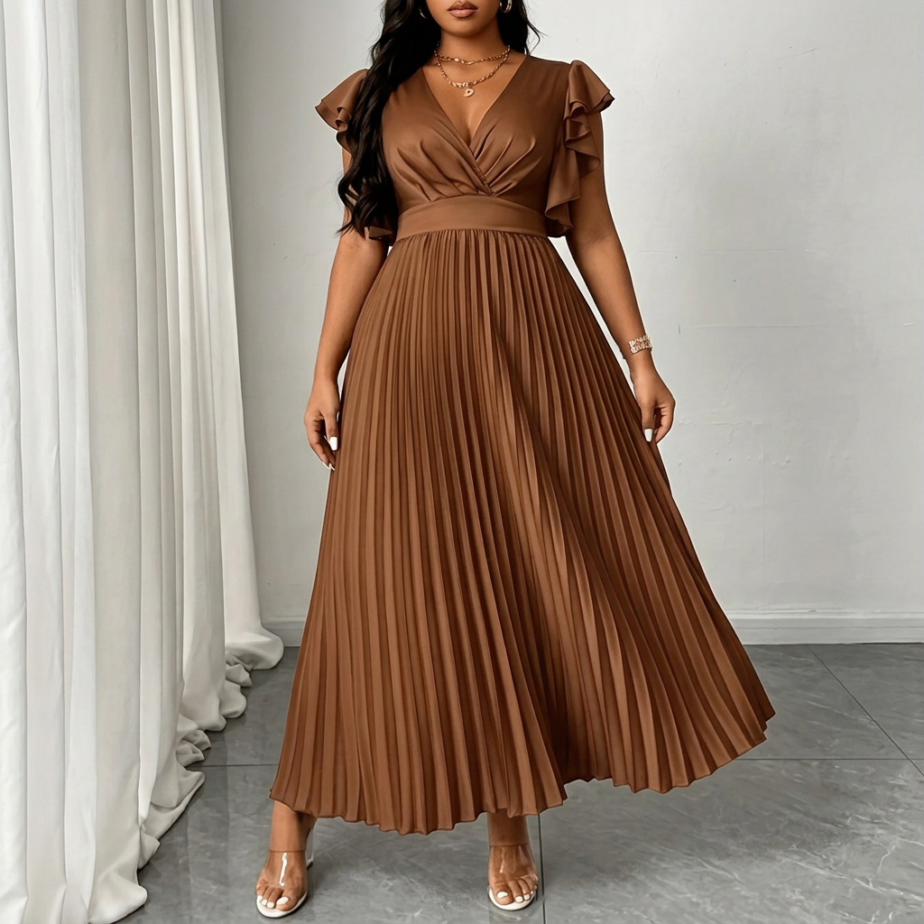 Women's Maxi Dress with Wrap Front, Pleated Skirt and Ruffle Sleeves