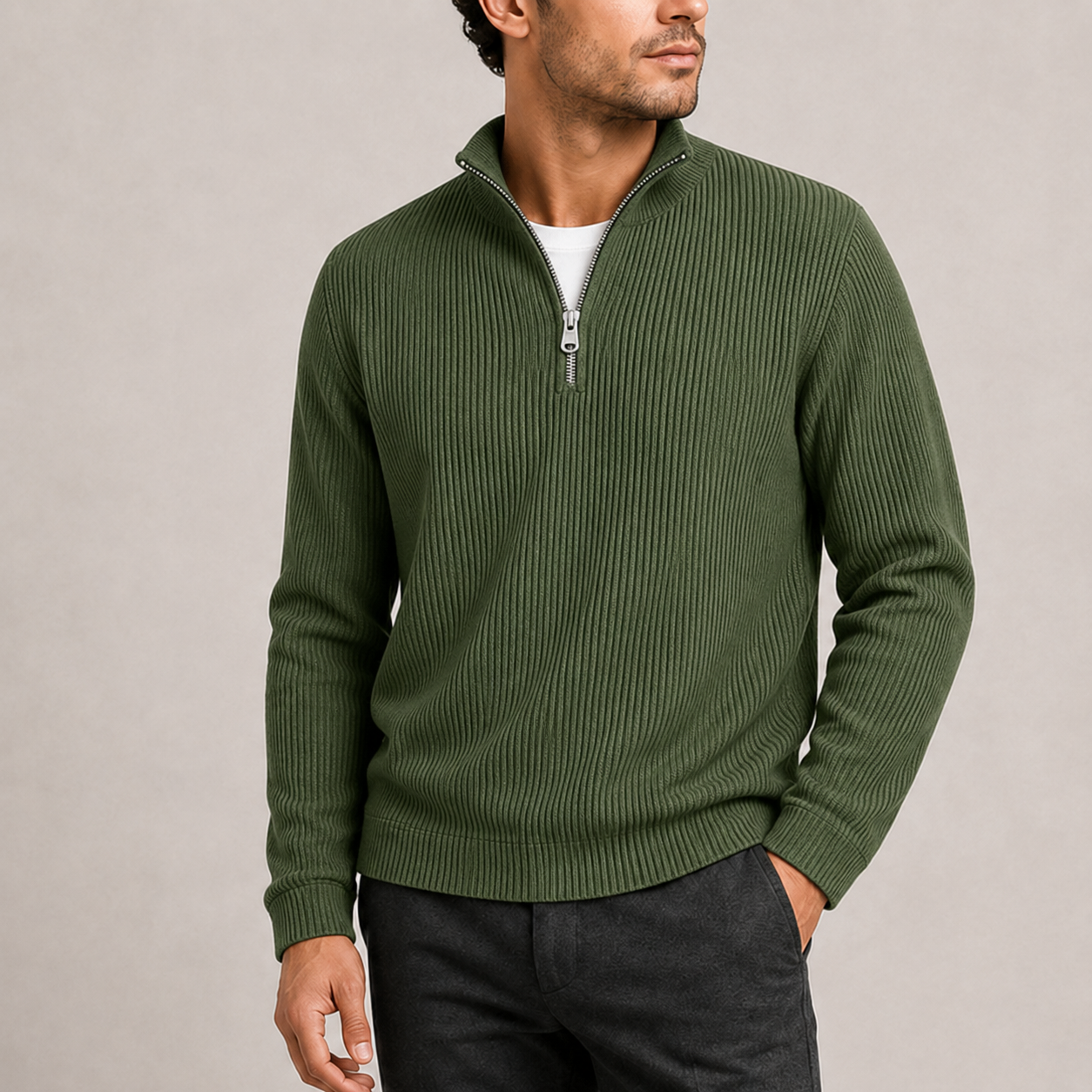 Men's Quarter Zip Jumper Ribbed Knit Sweater