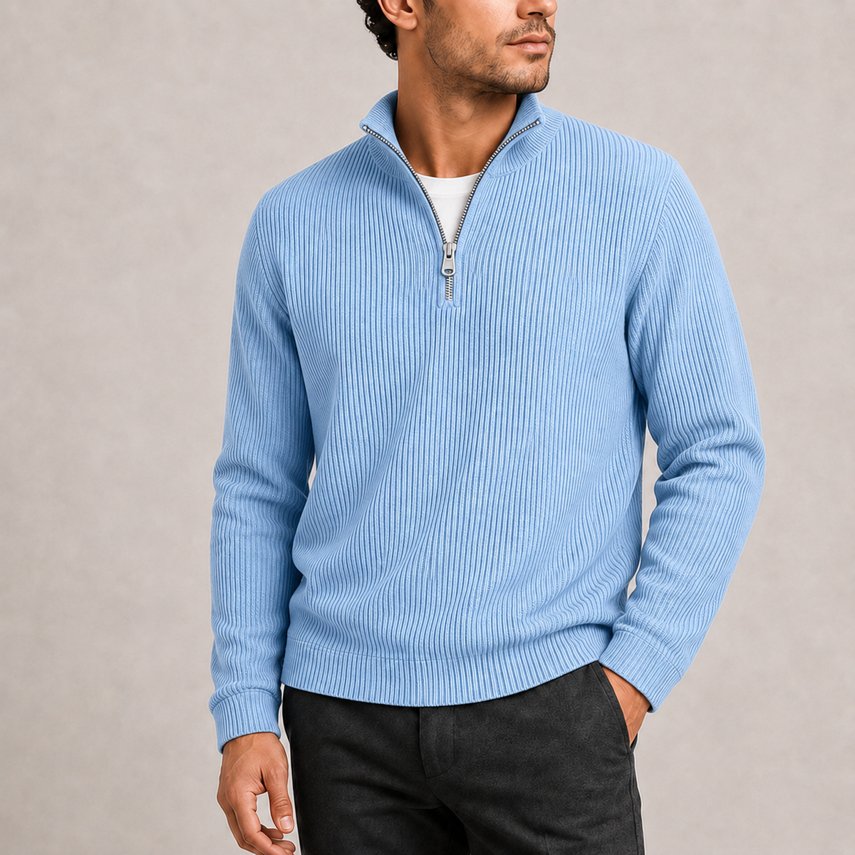 Men's Quarter Zip Jumper Ribbed Knit Sweater