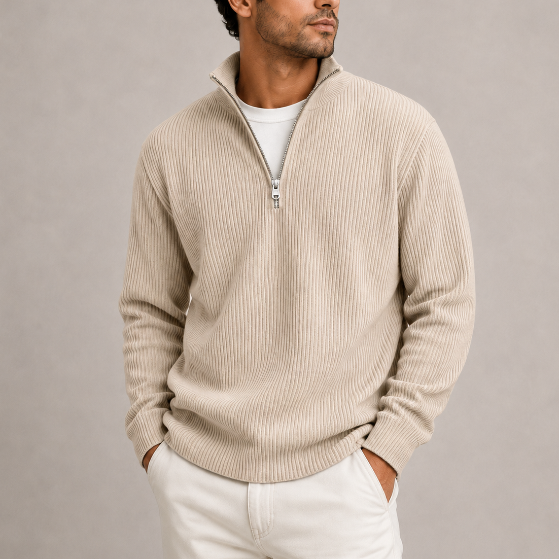 Men's Quarter Zip Jumper Ribbed Knit Sweater