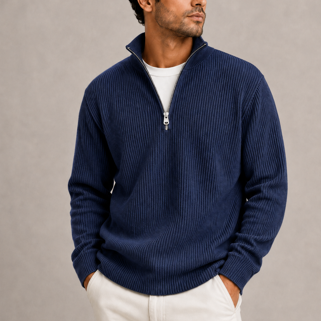Men's Quarter Zip Jumper Ribbed Knit Sweater