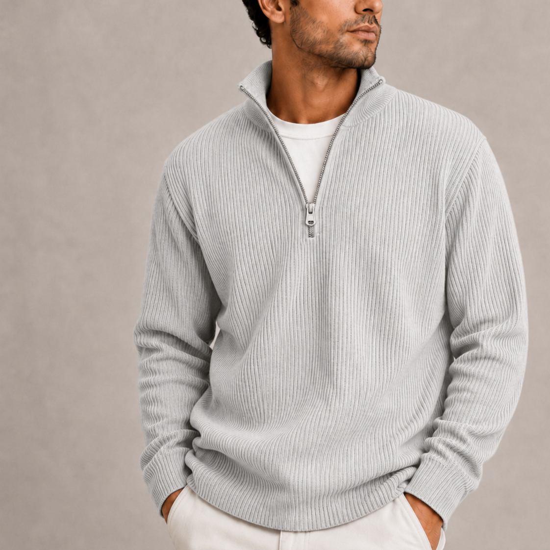 Men's Quarter Zip Jumper Ribbed Knit Sweater