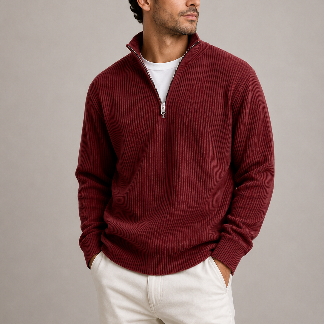 Men's Quarter Zip Jumper Ribbed Knit Sweater