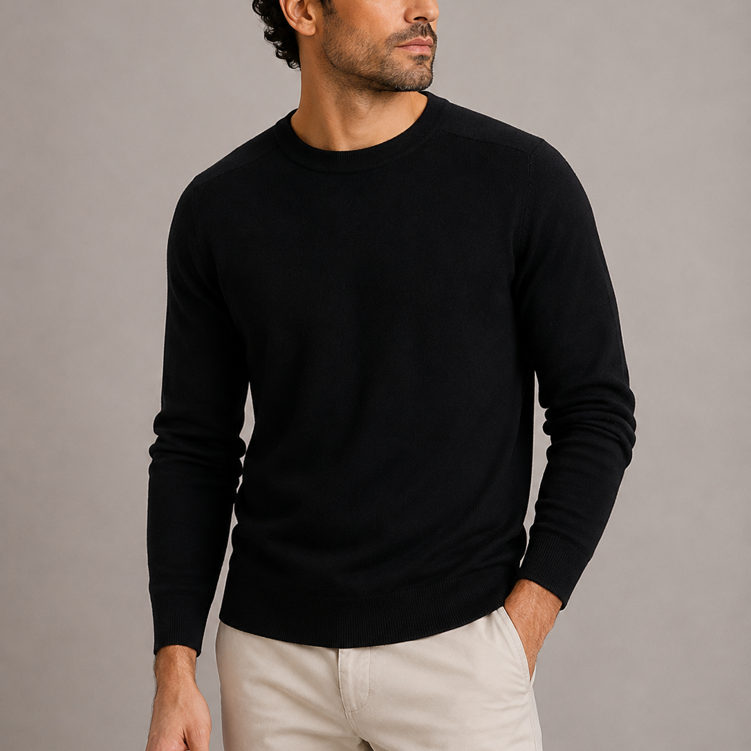 Men's Crew Neck Fine Knit Sweater - Ribbed Finish Jumper