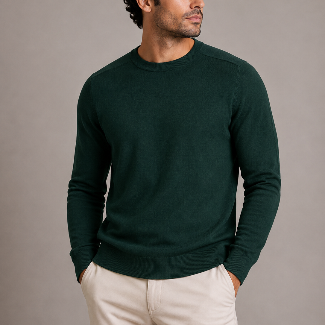 Men's Crew Neck Fine Knit Sweater - Ribbed Finish Jumper