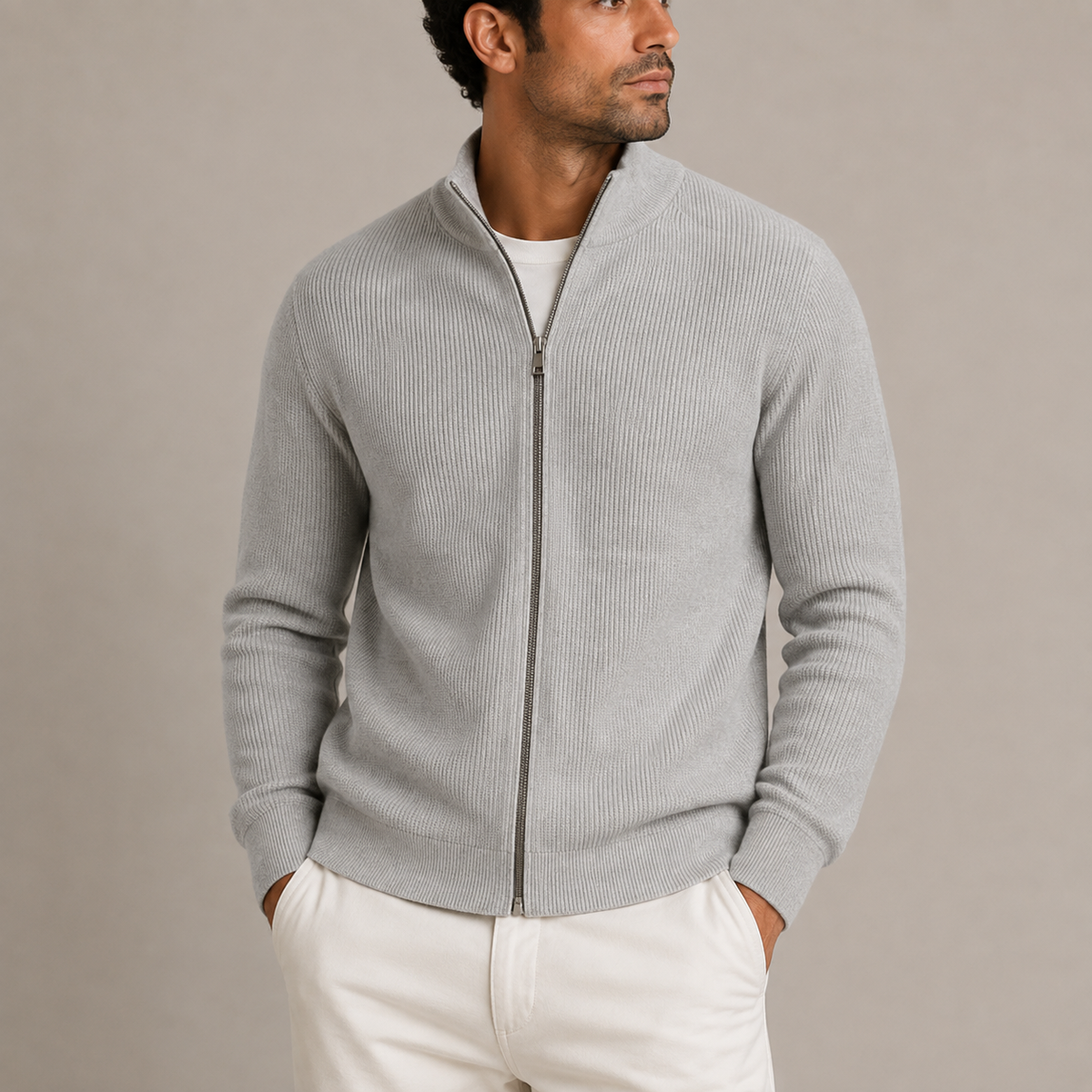 Men's Full Zip Cardigan Ribbed Knit with Stand Collar
