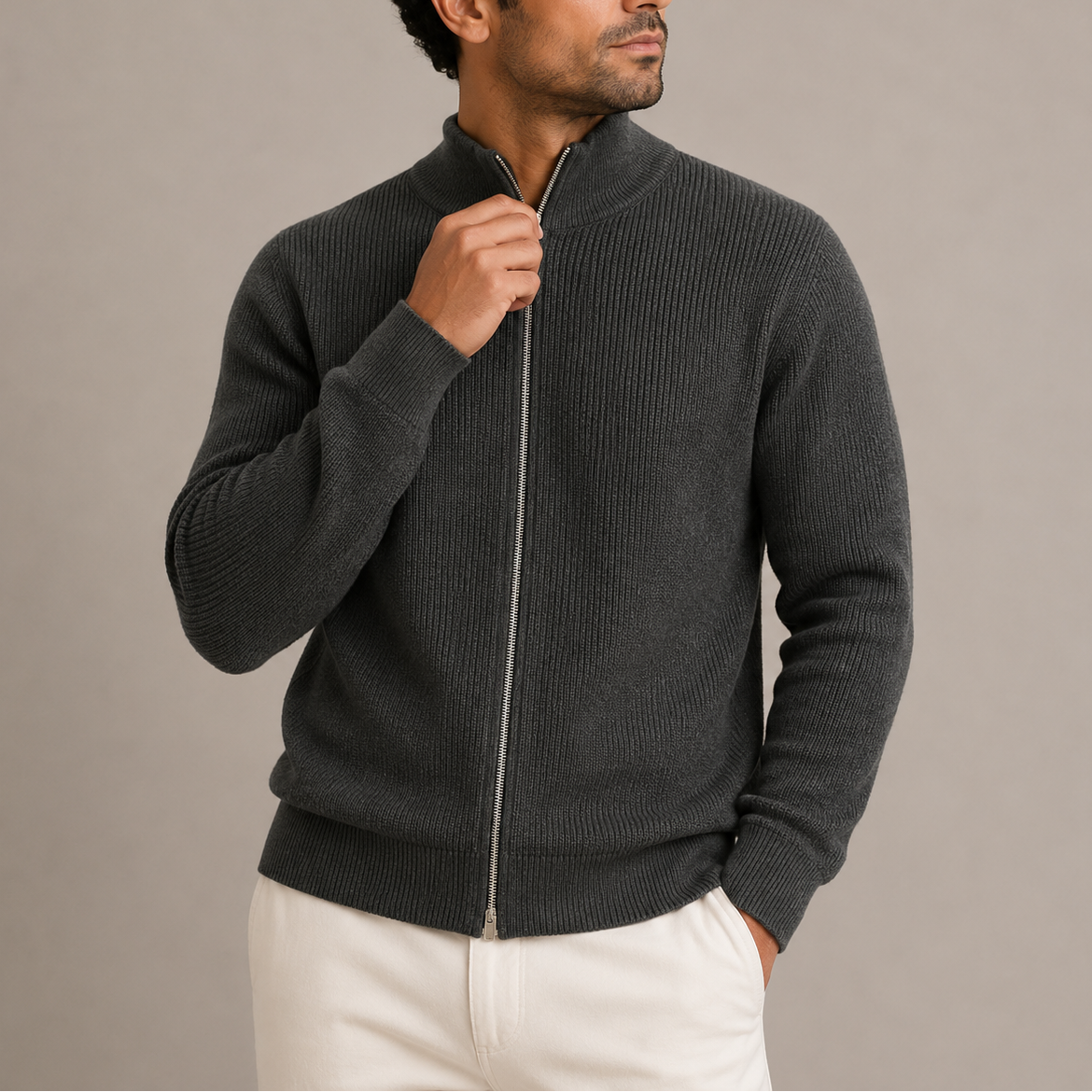 Men's Full Zip Cardigan Ribbed Knit with Stand Collar