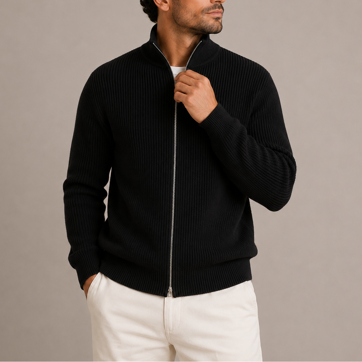 Men's Full Zip Cardigan Ribbed Knit with Stand Collar