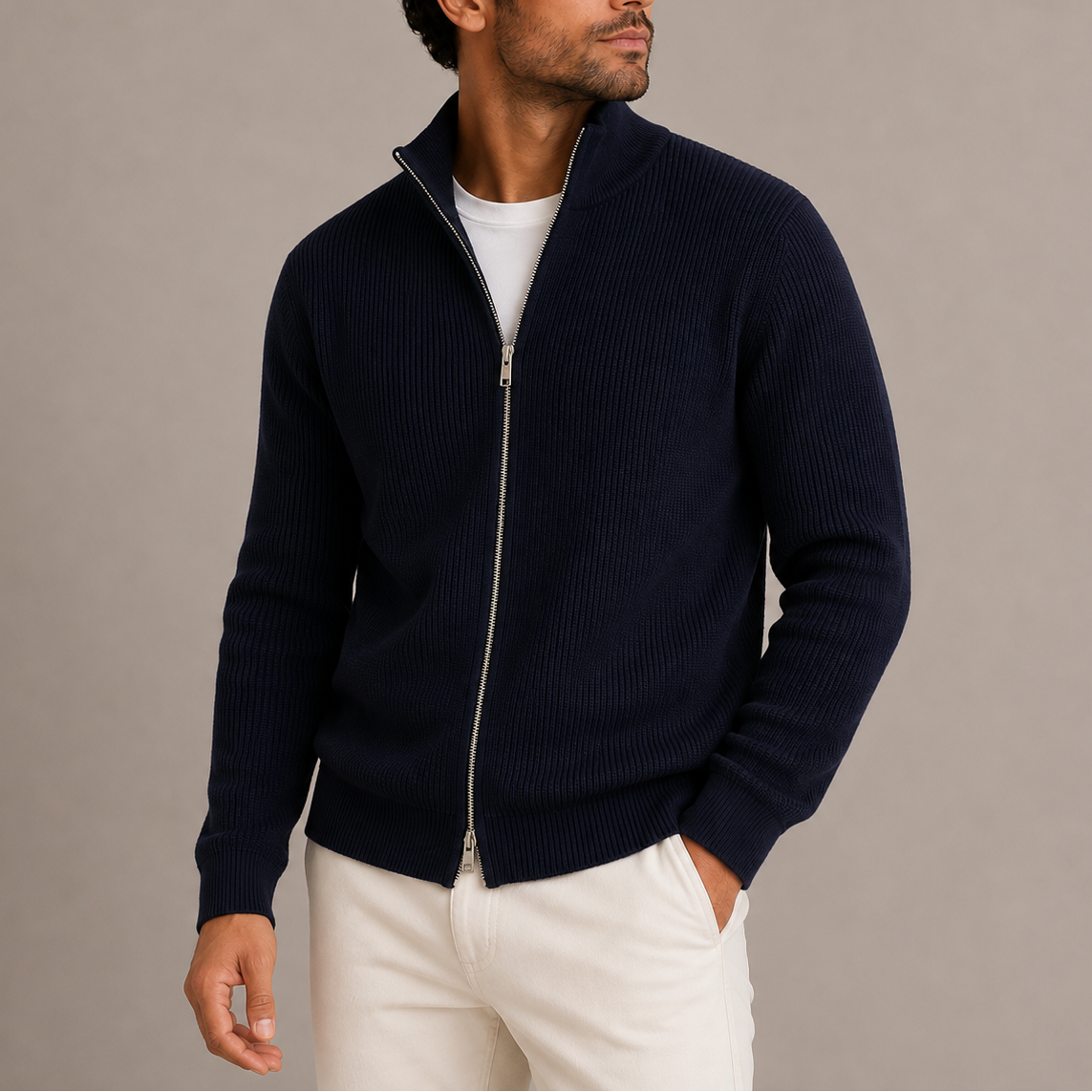 Men's Full Zip Cardigan Ribbed Knit with Stand Collar
