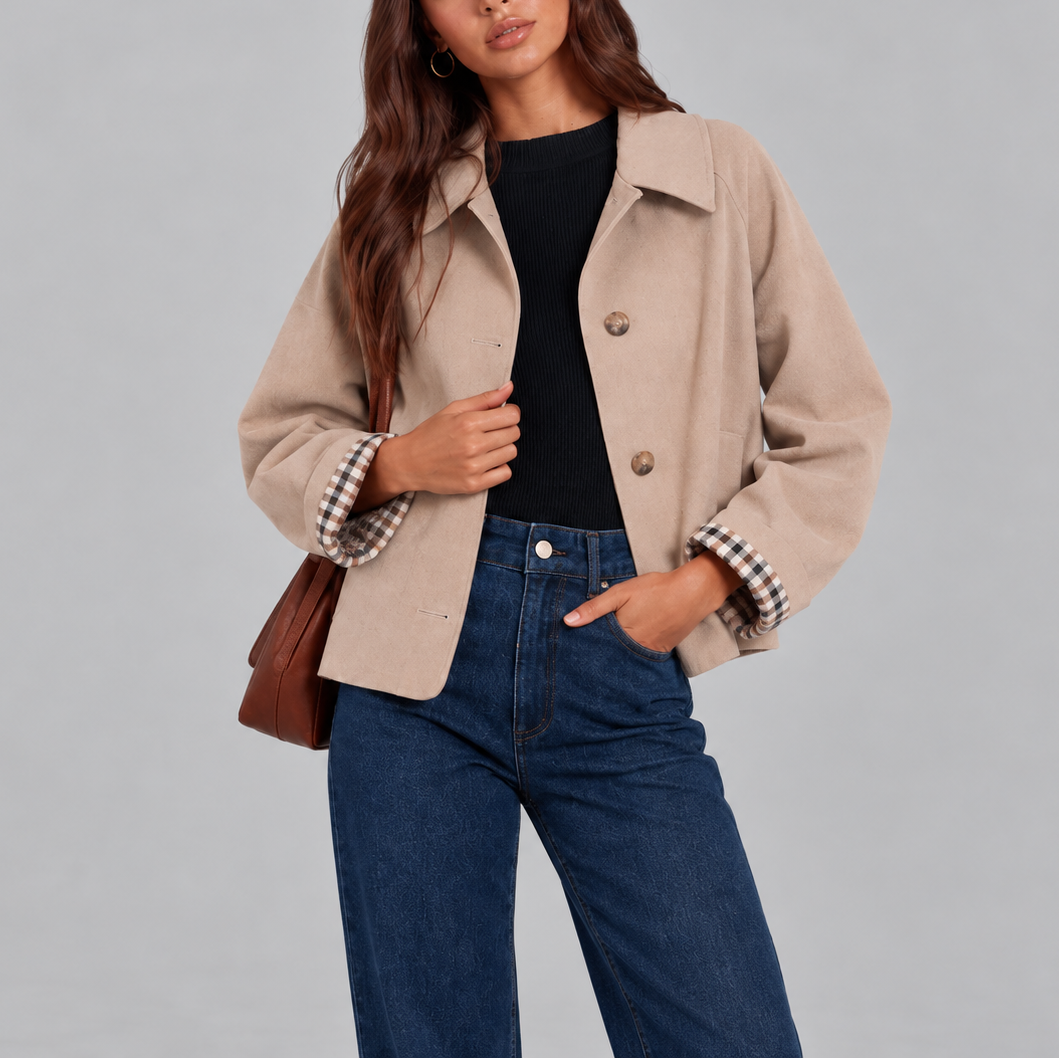 Women's Cropped Trench Jacket - Plaid Lined Short Trench Coat
