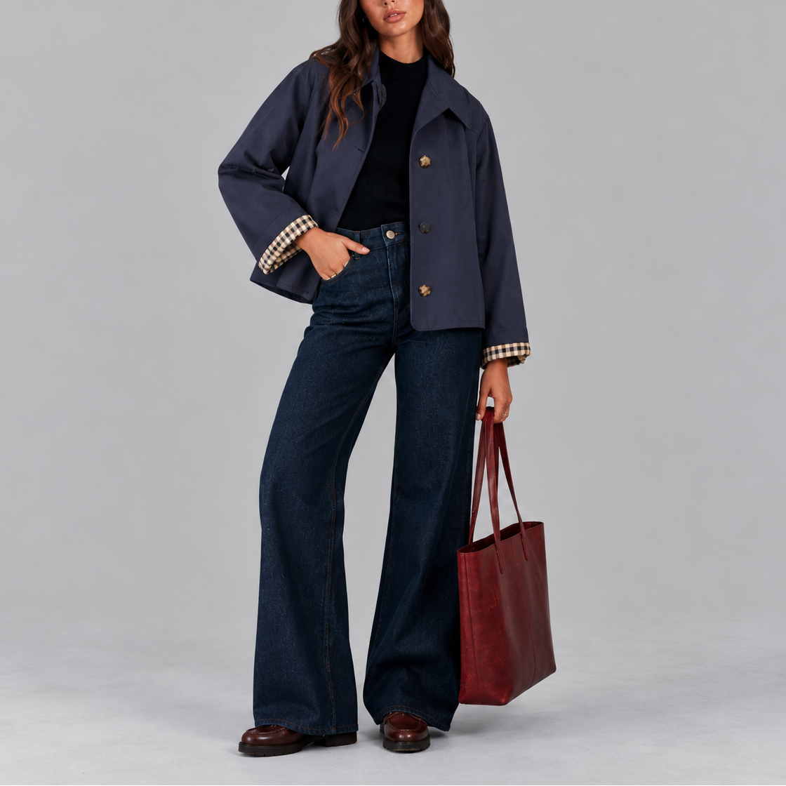 Women's Cropped Trench Jacket - Plaid Lined Short Trench Coat