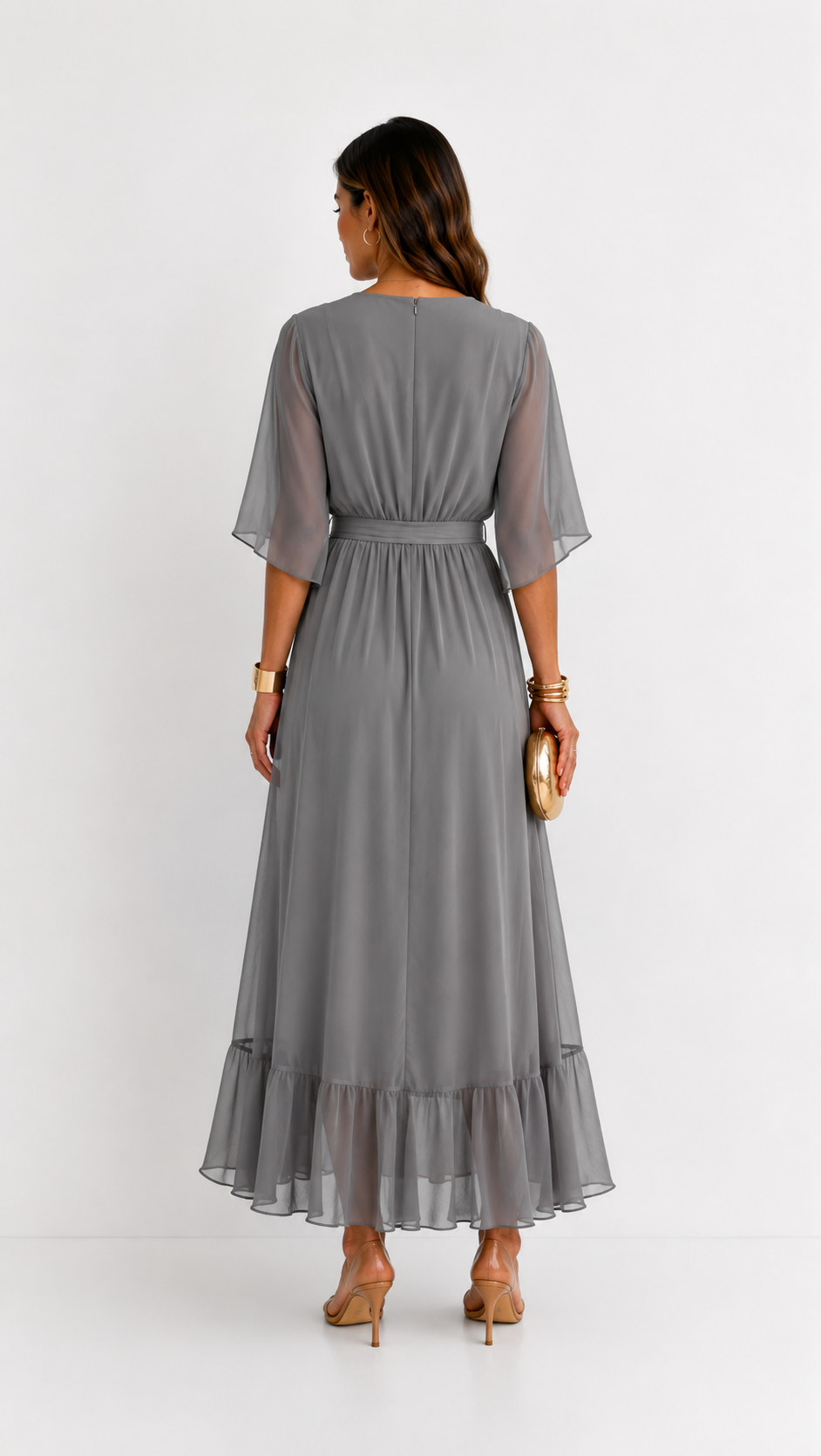 Women's Chiffon Wrap Dress with Flowing Sleeves