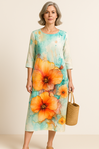 Luchtige bloemenjurk voor dames met ronde hals en losse pasvorm