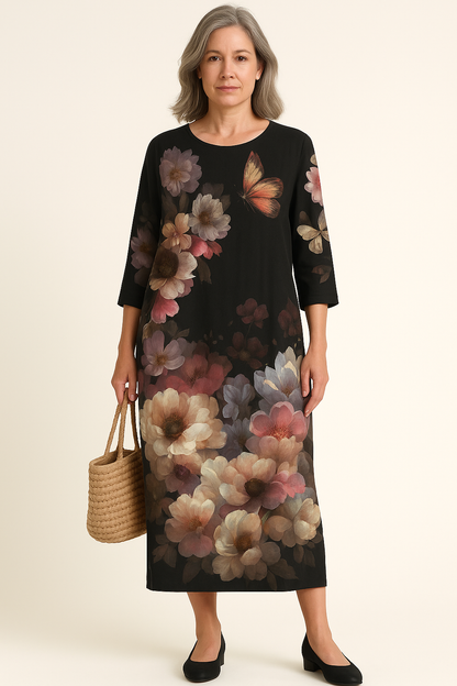 Luchtige bloemenjurk voor dames met ronde hals en losse pasvorm