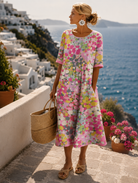 Women's Floral Midi Dress with Short Sleeves