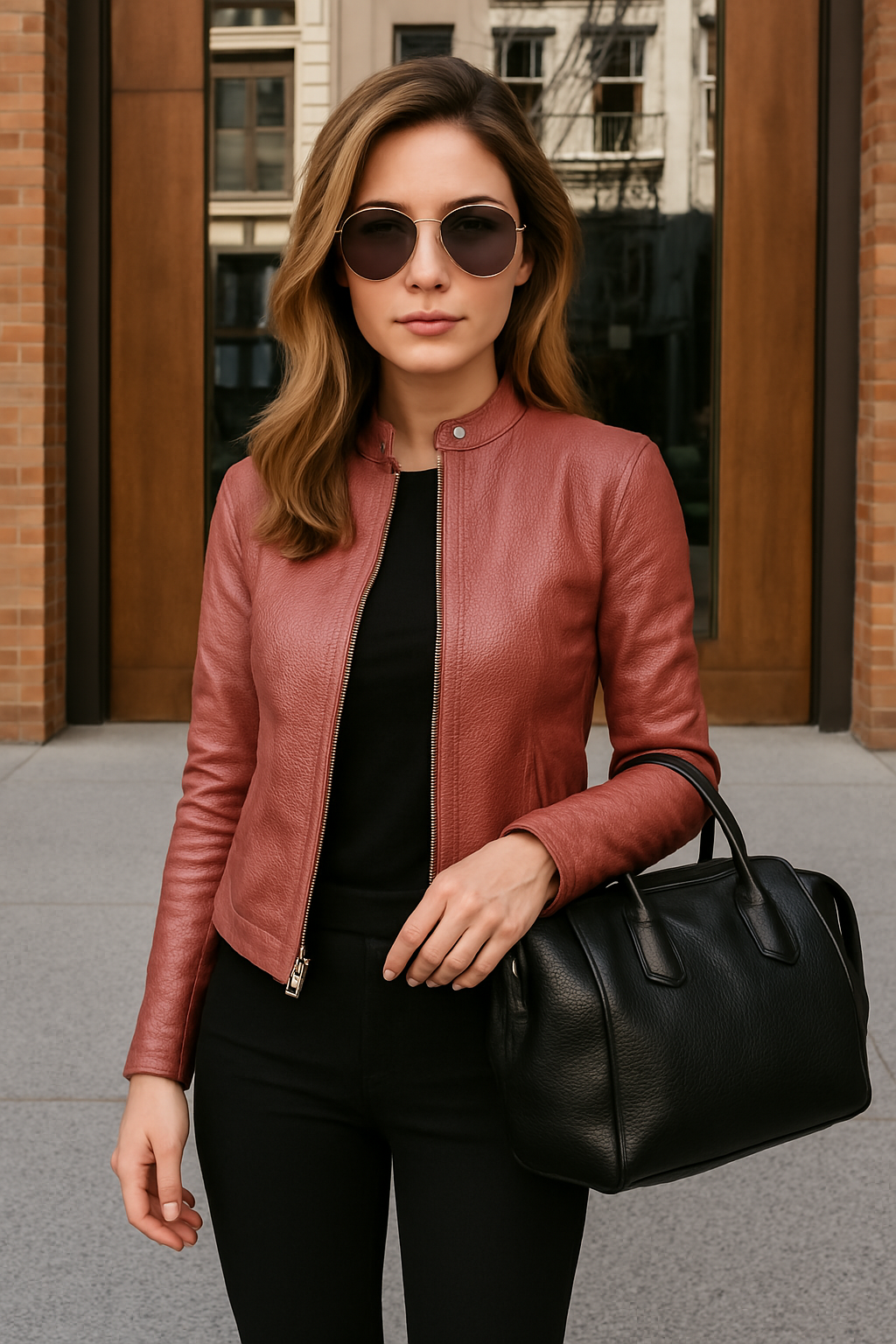 Women's Leather Jacket Slim Fit Zip-Up Mandarin Collar