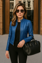 Women's Leather Jacket Slim Fit Zip-Up Mandarin Collar