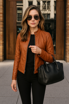 Women's Leather Jacket Slim Fit Zip-Up Mandarin Collar